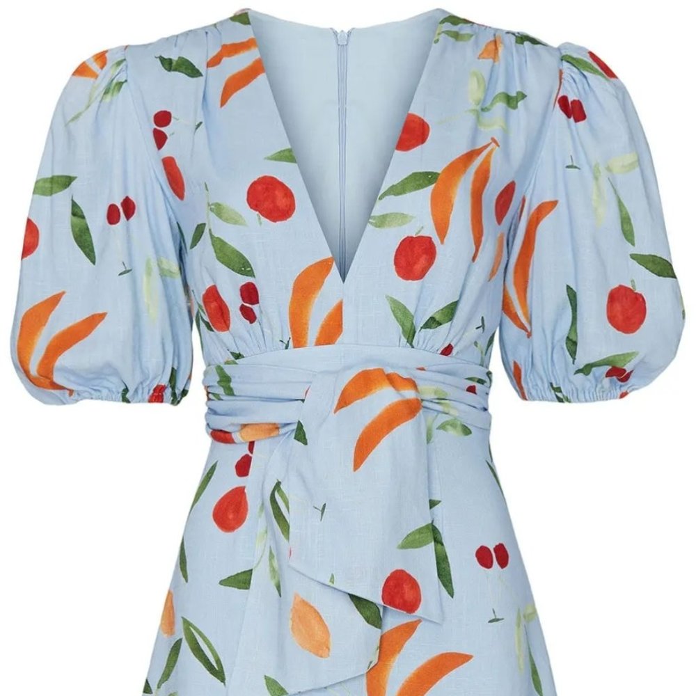 Finders Keepers Light Blue Mini Dress with Orange & Red Fruit Print